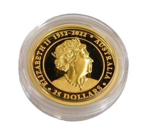 A Perth Mint Kookaburra ¼ ounce gold proof coin 2023, with a certificate of authenticity No. 208, in a presentation box.