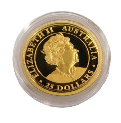 A Perth Mint Kangaroo ¼ ounce gold proof coin 2022, with a certificate of authenticity No. 301, in a presentation box.