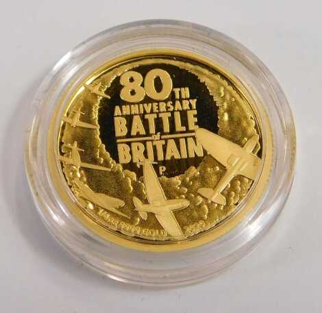 A Perth Mint 80th Anniversary Battle of Britain gold proof coin 2020, with a certificate of authenticity No. 141, in a presentation box.