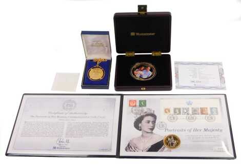 Royal Family related commemorative coins, comprising The Portraits of Her Majesty 60th Years Commemorative Coin Cover, in a presentation sleeve, a Crown Pendant Commissioned by The Royal Mint, gold plated, and a Westminster Cook Islands HRH Prince George 