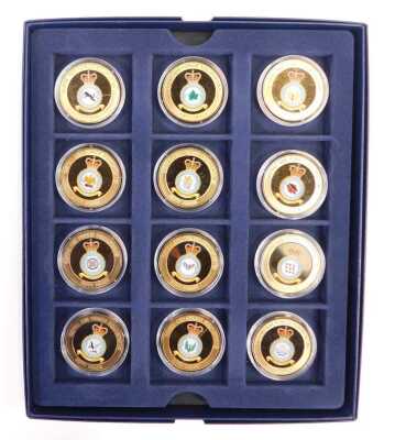 A Royal Air Force Squadrons of the Air Force coin collection, comprising twelve coins, each copper with 24ct gold plating, with certificate, in a presentation box. - 2