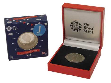 Two Royal Mint collector's coins, comprising The Queen's Diamond Jubilee Sixty Year 10p piece, and The Quintessentially British Letter J silver proof coin, each in presentation box. (2)