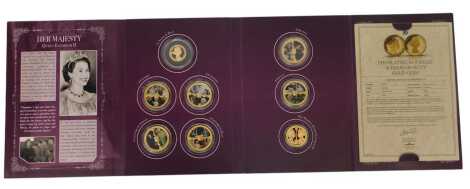 The Ultimate Platinum Jubilee Coin Collection for Queen Elizabeth II, 9ct gold plated, including The Seventy Years of Duty 9ct gold coin, A Legacy, A Destiny, A Consort, A Constant, A Lifetime of Duty, and A Lifetime of Service, in a presentation sleeve.