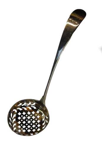 A George III Old English pattern sifter spoon, with engraved dog crest to the handle, Richard Crossley, London 1791, 1.18oz.