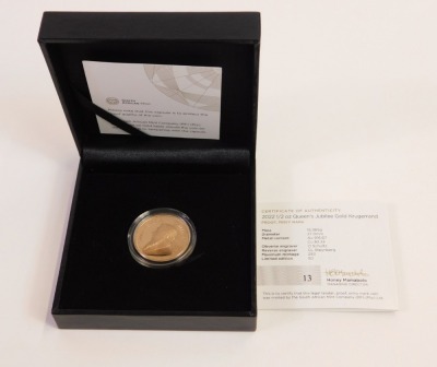 A South African Mint 2022 ½oz Queen's Jubilee gold krugerrand, with certificate of authenticity number 13/50, in presentation box. - 3