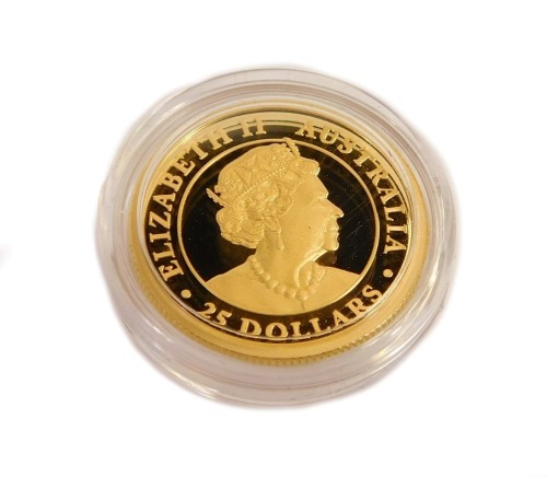 A Perth Mint Australian kangaroo 2019 ¼oz gold proof coin, with coin number certificate 235, in presentation box.