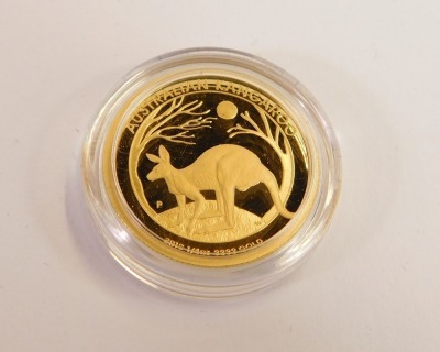 A Perth Mint Australian kangaroo 2019 ¼oz gold proof coin, with coin number certificate 235, in presentation box. - 2