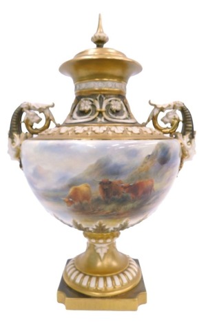 A Royal Worcester porcelain two handled vase and cover, decorated with Highland cattle within a landscape, signed J Stinton, the handles cast with masks and scrolls, on a tapering base with square plinth, printed marks in puce to underside and numbered 15