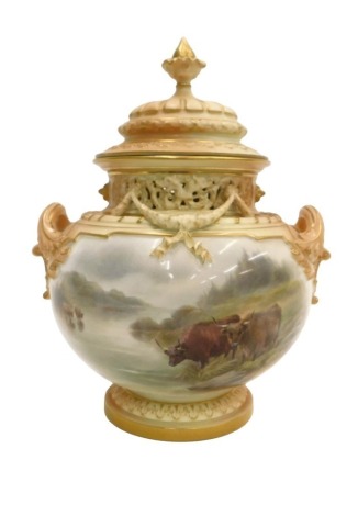 A Royal Worcester porcelain potpourri jar and cover, decorated with cattle watering by a river, signed John Stinton, the reverse with a lake scene, on circular leaf cast plinth, printed marks in puce to underside, registration number 142778 and pattern nu