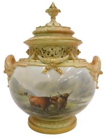 A Royal Worcester porcelain potpourri vase and cover, decorated with Highland cattle within a river landscape, signed John Stinton, the vase with a pierced border, two loop handles and tapering foot, printed marks in puce to underside, registration number