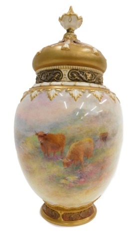 A Royal Worcester porcelain potpourri vase and cover, decorated with Highland cattle within a landscape, signed H Stinton, with a pierced lid and circular foot decorated with scrolls, etc., printed marks in black to underside and numbered 2048, 34cm high.