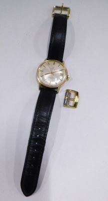 An Omega Seamaster 600 gentleman's gold plated wristwatch, circular champagne dial with batons, centre seconds, date aperture, on a leather strap. - 2