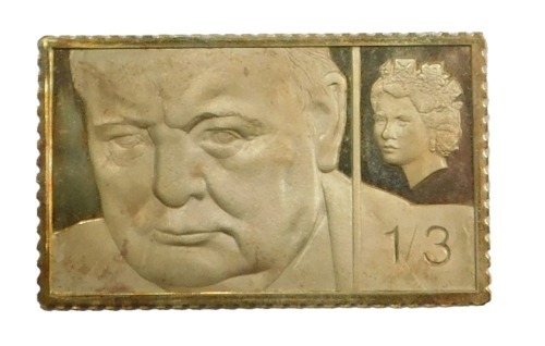 An 18ct gold Sir Winston Churchill stamp replica, with certificate, 20.1g.