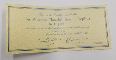 An 18ct gold Sir Winston Churchill stamp replica, with certificate, 20.1g. - 3