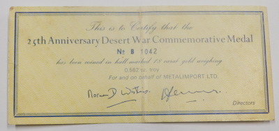 An 18ct gold medallion to commemorate the 25 anniversary of The Desert War,17.8g, with box and certificate. - 3