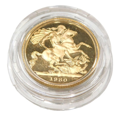 A 1980 proof gold sovereign, in green case.