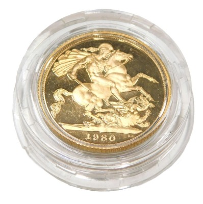 A 1980 proof gold sovereign, in green case.