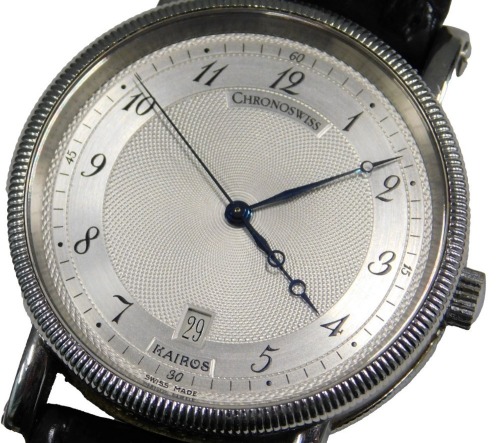 A Chronoswiss Kairos gentleman's stainless steel cased wristwatch, circular silvered dial with engine turned decoration, chapter ring bearing Arabic numerals, centre seconds, date aperture, case engraved CH2823 0 0487.