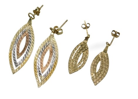 A pair of 9ct three colour gold earrings, of leaf form, and a further similar pair, 2.9g.