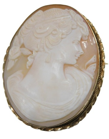 A shell cameo brooch, bust portrait of a lady, in a yellow metal mount, unmarked, 62mm high.