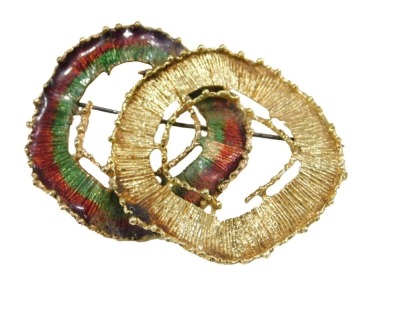 An enamel and yellow metal brooch, of double circular abstract form, unmarked, 10.8g.