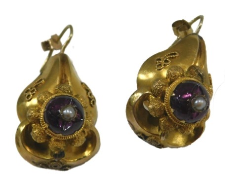 A pair of late 19thC foiled gold cabochon amethyst and seed pearl earrings, on fish hook pins, unmarked, 5.5g.