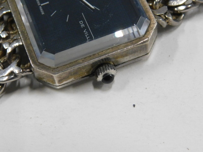 An Omega DeVille lady's silver cased wristwatch, canted black rectangular dial, on a three bar circular link bracelet strap. - 3