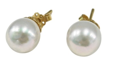 A pair of 18ct gold and pearl earrings, possibly akoya.