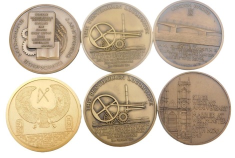 A collection of bronze medallions, to include The Silver Wedding Anniversary of Queen Elizabeth II and Prince Philip Duke of Edinburgh 1972, London Bridge, Richard Trevithick, and The Penny Darren Locomotive (2), The Forming of The EEC 1973, and a medalli