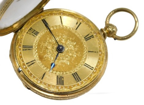 An 18ct gold lady's pocket watch, open face, key wind, circular dial with floral engraving, chapter ring bearing Roman numerals, movement by Rich. Bridgewater, number 20197, with gold cuvette, the case with engine turned and engraved floral decoration, ce