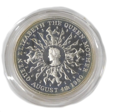 A silver proof commemorative crown for Queen Elizabeth The Queen Mother 80th Birthday, in box with paperwork.