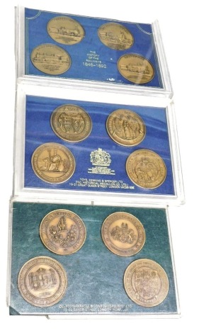 A set of three commemorative bronze medallions, The History of The Railways 1846-1892 (2), another set to commemorate The 50th Anniversary of The Railways Act 1921. (3)