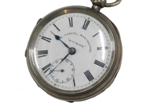 A George V silver cased gentleman's pocket watch, open face, key wind, the "accurate", H. Samuel, Manchester, circular enamel dial bearing Roman numerals, subsidiary seconds dial, movement number 4811, the case with engine turned decoration, vacant shield