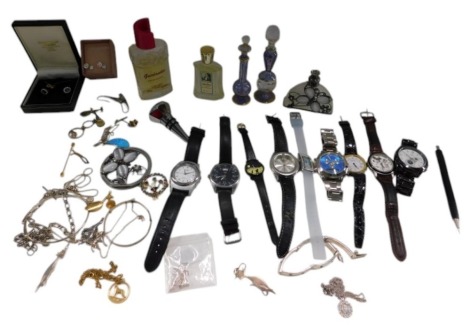 Silver and costume jewellery, including wristwatches, earrings, brooches, silver bracelet, together with scent bottles. (a quantity)