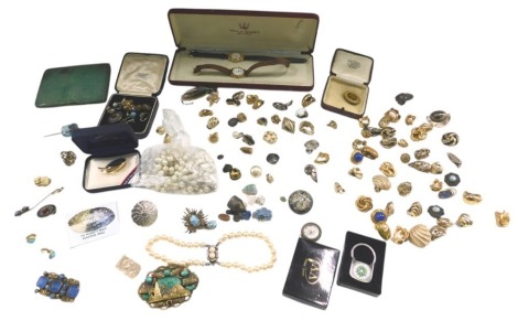 Silver and costume jewellery, including brooches, clip earrings, pendants and badges, together with a shagreen cigarette case.