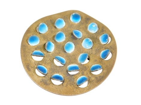 A Norwegian silver gilt and enamel brooch, by J Tostrup, of circular abstract form, impressed marks, 22.2g.