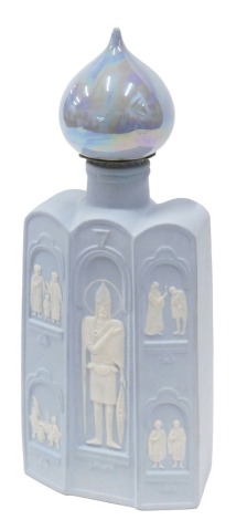 A Russian blue Jasperware type porcelain decanter and stopper, decorated with figures, the domed shaped stopper with lustre glaze, printed marks to underside, 32cm high.