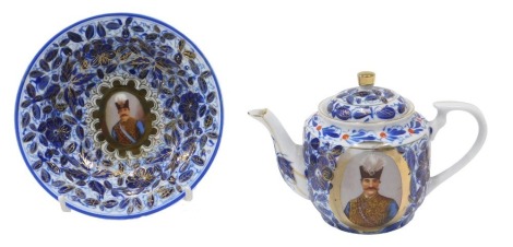 A 20thC porcelain teapot and cover, and a small bowl, printed with a portrait of the Naser Al-Din Shah Qajar and a matching bowl, the bowl stamped rose china made in occupied Japan. (2)