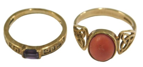 A 9ct gold and amethyst set band, size N½, and a coral ring, with Celtic knot pierced shoulders, size P½, 4.6g.