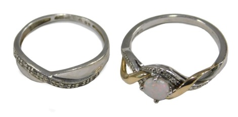 A 9ct gold silver opal and diamond ring, in a crossover design, size N, together with a 9ct white gold and diamond ring, in a crossover design, size L, 3.8g all in.