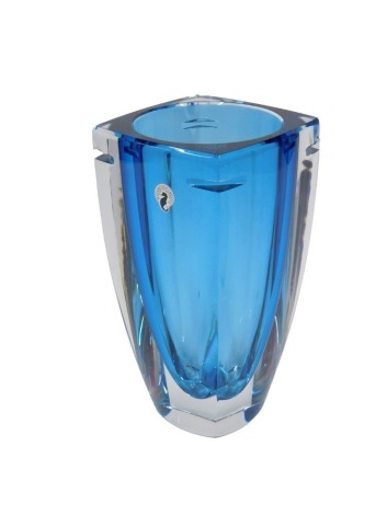 A Waterford crystal blue and clear glass vase, with square top, and of tapering form, silver label to side, 26cm high. 