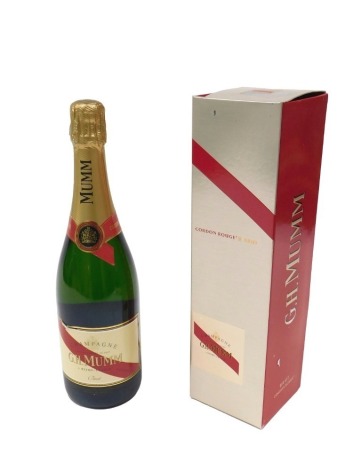 A bottle of G.H.Mumm Cordon Rouge Brut, in packaging.