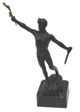 After Shmidt Hofer. Nude figure of a man holding branch of laurel and a sword, on a polished stone base, 40cm high.