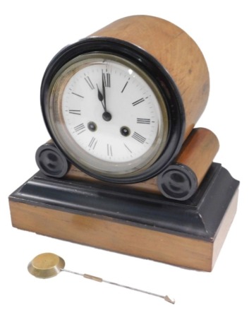 A late 19thC French walnut and ebonised mantel clock, the enamel dial with Arabic numerals, 24cm high.