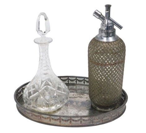 A chrome plated siphon, galleried oval silver plated tray, decanter and stopper.