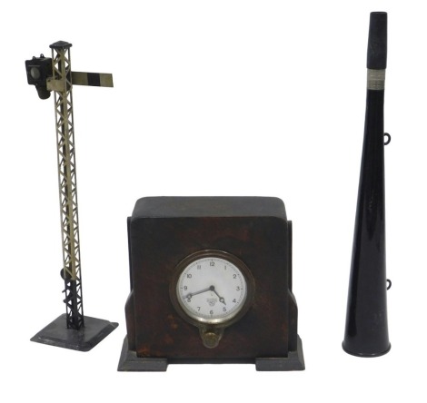 A Smith's vintage car clock, mounted in oak art deco style case, a Bavarian tin plate railway signal, and a British Rail Acme horn. (3)