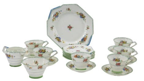 A Paragon floral cross stitch pattern art deco part tea service, to include six cups, six saucers, six side plates, etc.