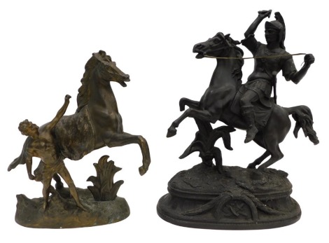 A spelter model of a figure on horseback, 49cm high, (AF), and a spelter Marly horse, 39cm high. (2)