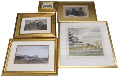 Miscellaneous pictures and prints, to include Ashley Jackson signed print, watercolour of Brewery College in Gamston Nottinghamshire, sporting print, etc