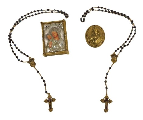 A Vatican Library Collection hand enamelled rosary box and rosary, with an icon with printed decoration, and a similar oval box. (2)